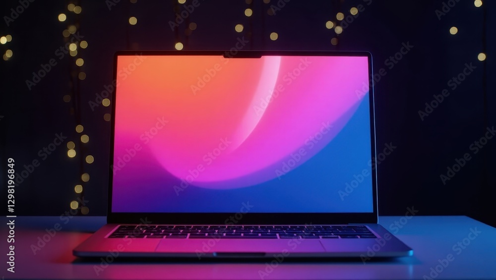 Poster oled laptop. laptop is on table with colorful background