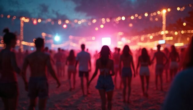 Blurred crowd having fun at night beach party with DJ music. People dance, relax on sand in summer. Sea coast with festive lights decor. Holiday vacation nightlife mood.