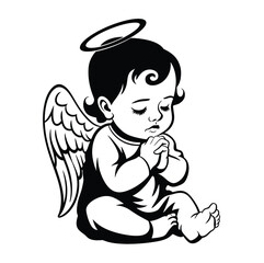 Praying Angel Baby Black Silhouette Vector Illustration