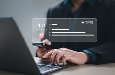 Select a 1-star rating in the virtual touchscreen survey. Bad Review, Bad Service, Dislike, Bad Quality, Low Rating, Customer Feedback, Negative Customer Experience with the Service.