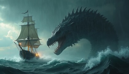 Colossal sea serpent attacks sailing ship in stormy ocean. Giant monster rises from deep ocean waters. Fantasy scene of ship under stormy sky near leviathan in sea battle. Adventure awaits.