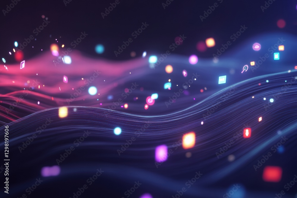 Poster vibrant digital waves with colorful geometric shapes dancing in a dark atmosphere during a creative 