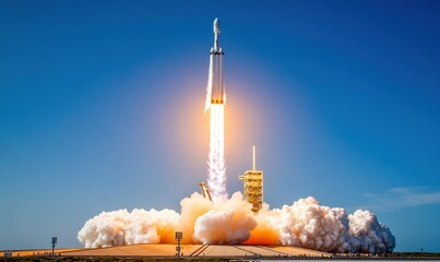 Powerful Rocket Launch with Flames and Smoke Against Clear Blue Sky
