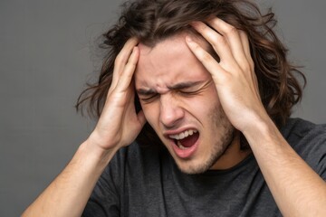 Fototapeta premium Young Man Expressing Distress and Frustration While Gripping His Head in a Stressful Moment