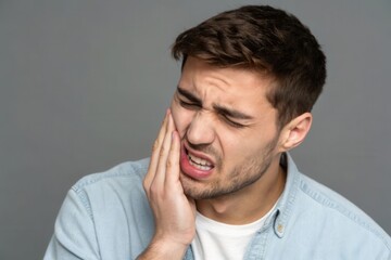 Obraz premium Young Man in Distress Gripping His Jaw Due to Severe Tooth Pain in a Studio Setting