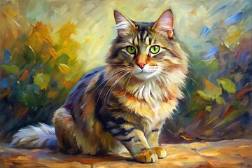 Cat is sitting on a stone ledge. Watercolor. Portrait. Painting. Picture