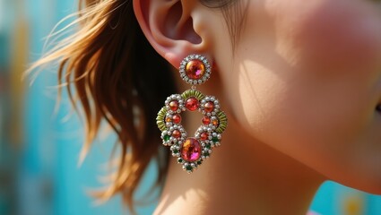 Statement Earrings. Woman is wearing pair of colorful earrings with diamond