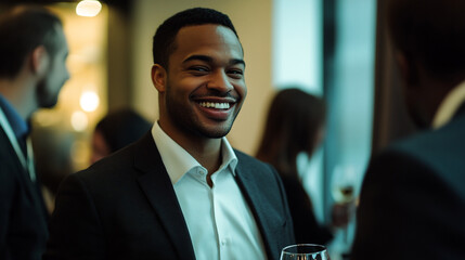 Fototapeta premium Happy smiling businessman networking at corporate event job suit team style office people career