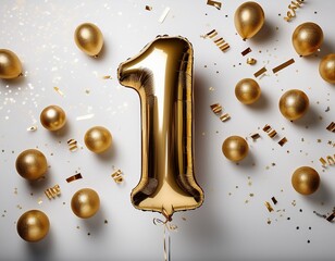 Gold balloon number 1 for first birthday or anniversary party. White background with confetti