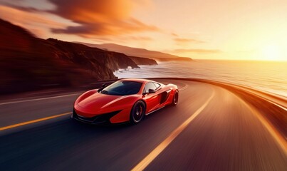 Sleek Sports Car Speeding on Coastal Highway at Sunset
