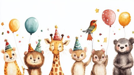 Naklejka premium A whimsical watercolor scene of a giraffe, beaver, squirrel, and bird in vibrant party hats, cheerfully facing right