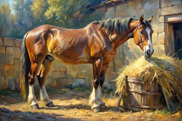 Obraz premium Brown horse is eating hay in a barn. Portrait. Painting. Picture