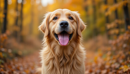 Obraz premium golden retriever puppy, Golden Retriever Sitting in Autumn Forest