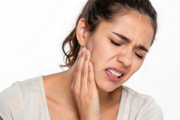 Young Woman Expressing Pain Due to Toothache While Holding Her Jaw in Distress