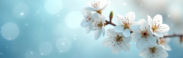 Close-up of blooming white flowers branch on soft blue bokeh background. Delicate floral petals symbolize springtime. Romantic fresh composition conveys love, joy, happiness, peace, hope, new life,