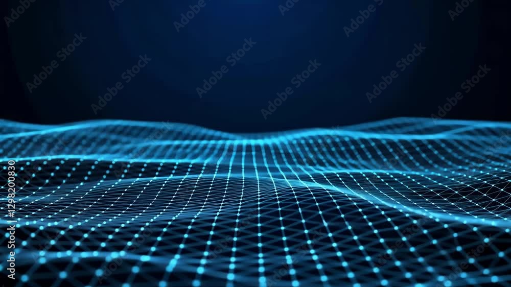 Poster blue digital wave pattern on a dark background, illustrating futuristic technology and dynamic abstr