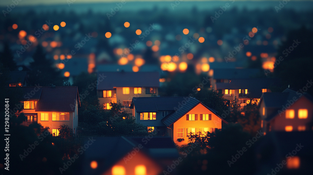 Poster suburban houses at night illuminated by glowing data streams symbolize digital connectivity modern t