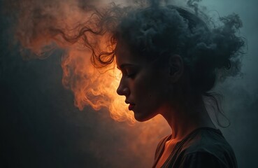 Sad woman in profile with head down surrounded by dark smoke, concept of mental health, depression and personality disorders. Burnout and emotional stress, mental problems.