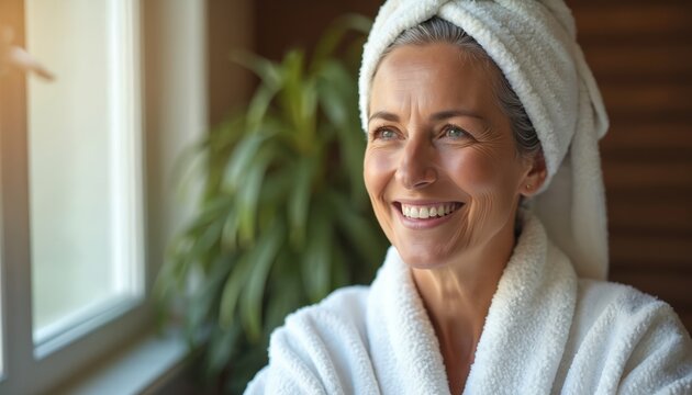Happy middle aged woman in bathrobe with towel on head looks at window. Smiling mature lady at spa, enjoying skincare, wellness, beauty routine, detox treatment. Anti-aging procedure for face, body.