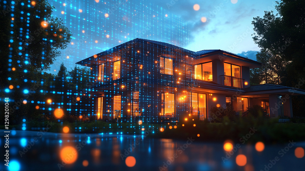 Poster suburban houses at night illuminated by glowing data streams symbolize digital connectivity modern t
