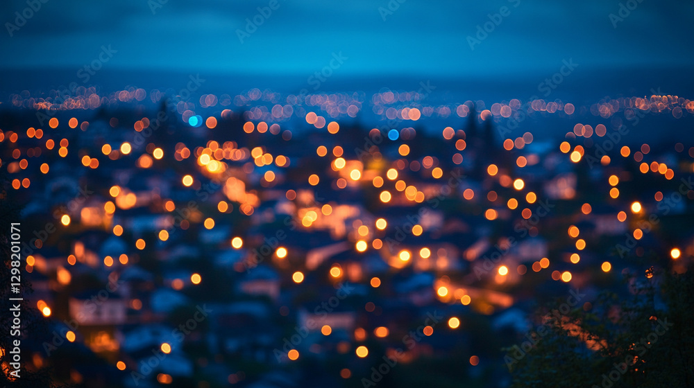 Poster suburban houses at night illuminated by glowing data streams symbolize digital connectivity modern t