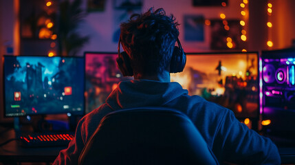 Obraz premium Gamer playing intense video game on powerful pc setup with vibrant colorful lighting dark neon night