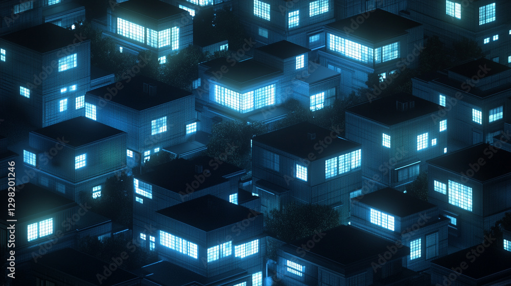 Poster suburban houses at night illuminated by glowing data streams symbolize digital connectivity modern t