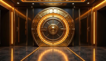 Luxurious gold bank vault door with brass accents, atmospheric lighting. Secure entrance to safety deposit box. Hall with black walls, golden lines. Elegant interior, entrance. Security system.