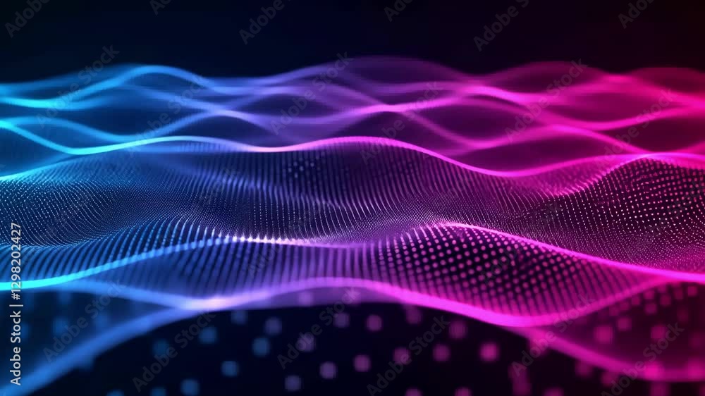Poster abstract digital waves with vibrant blue and pink patterns, creating a futuristic and dynamic techno