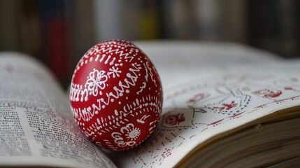 A red Easter egg with white patterns lies in the middle of an open book, captured in macro photography, perfect for an Easter-themed image
