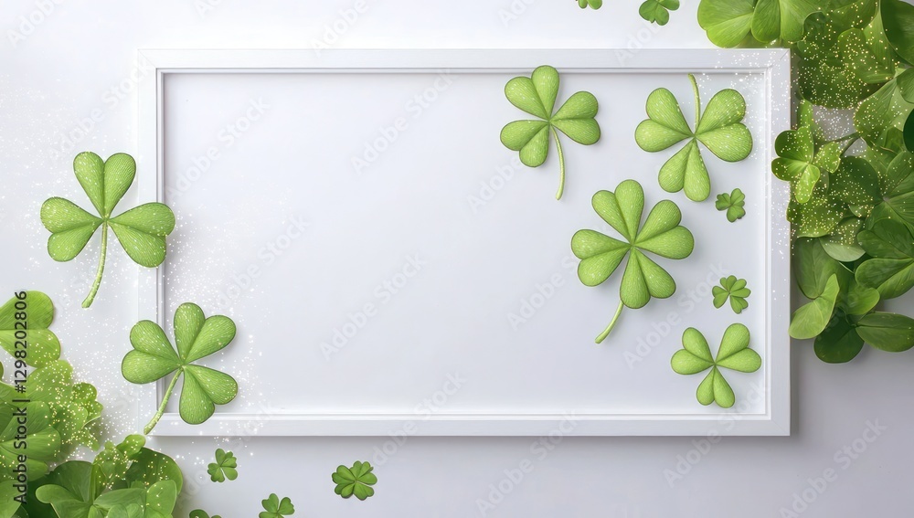 Poster st. patrick's day frame mockup with light green clovers and a hint of sparkle.