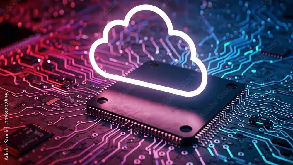 Aufkleber neon cloud icon glowing over a circuit board, symbolizing advanced digital technology and cloud comp