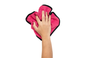 A man's hand holding a pink microfiber cleaning cloth isolated on a white background with clipping path. Perfect for illustrating cleaning products, household chores, or hygiene-related content.