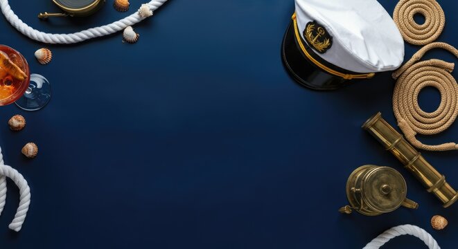 Nautical theme with captain's hat, telescope, ropes, and seashells on navy blue background