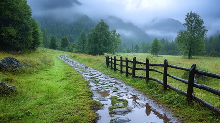 Obraz premium Walking Path Through Foggy Meadow with Wooden Fence and Green Trees