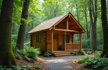 Cozy wooden cabin nestled in tranquil green forest. Rustic timber house offers peaceful retreat, relaxation. Natural outdoor scenery, calmness environment. Perfect for escape, vacation, adventure in