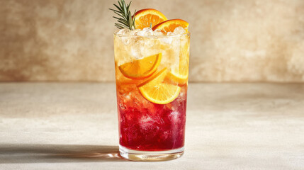 Naklejka premium A luxury fruit-infused iced tea in a transparent tall glass, with vibrant layers of ruby red hibiscus tea, golden honey