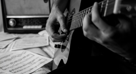 Monochrome image of person playing acoustic guitar near sheet music