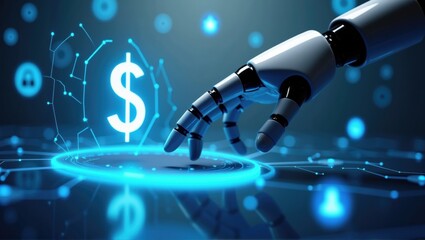 Robot hand touching digital dollar sign on virtual screen background. Artificial intelligence and machine learning concept.