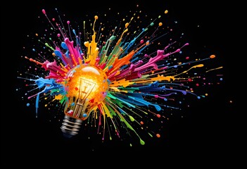 A single light bulb floats in mid-air, surrounded by splashes of vibrant paint against a dark...