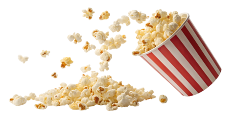 Delicious popcorn flying out of a red-white striped paper cup, cut out on on a transparent background
