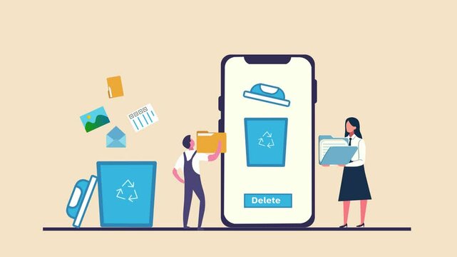 Digital file deletion and data management. Delete unnecessary document Concept. flat design animation representing of mobile phone screen displays a delete icon and button, 