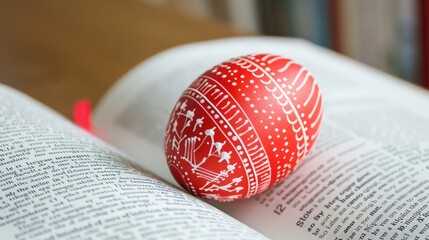 A red Easter egg with white patterns lies in the middle of an open book, captured in macro photography, perfect for an Easter-themed image