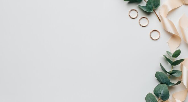 Wedding rings with eucalyptus leaves and ribbons on soft background