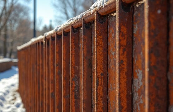 Close-up rusty metal railing with snow. Brown rust eaten weathered steel fence with vertical stripes. Industrial urban design with sense of decay, time gone by, season change. Winter backdrop with