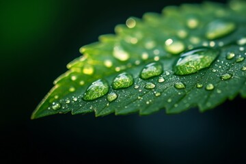 A close-up of water droplets on the edge of a green leaf, with a dark background and shallow depth of field.