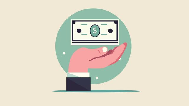 Businessman&rsquo;s hand holding a stack of money bills, financial success, investment, business transactions, wealth, or prosperity. flat design animation