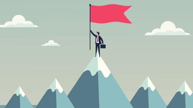 Success, achievement, and leadership. A businessman standing on top of a mountain Holding red flag. flat design animation. overcoming challenges, reaching goals, and professional growth