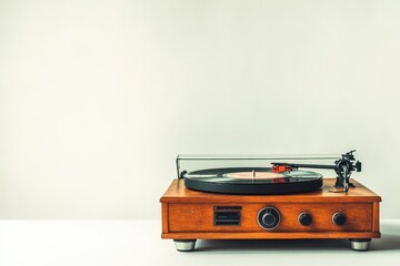 Vintage turntable playing a record on a clean white surface with neutral background
