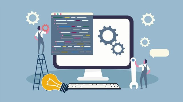 Software development, coding, debugging, and technical problem-solving. Flat design animation. PC screen with small repairmen are working using tools like. fixing code and system maintenance,